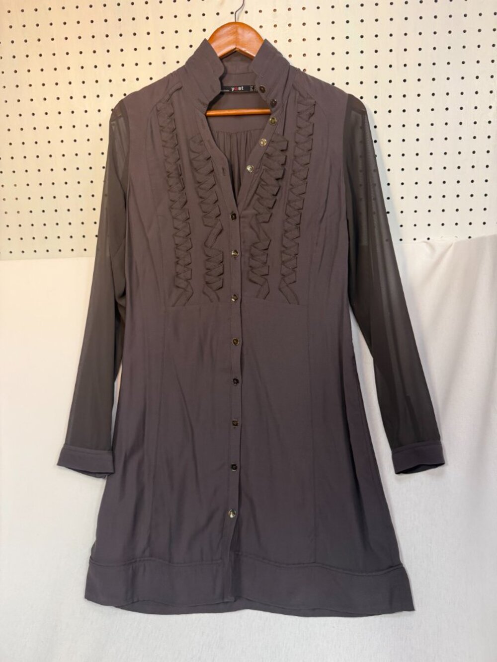Yest Dress M Charcoal Grey Ruffle Button Front Sheer Sleeve Knit Mini Tunic